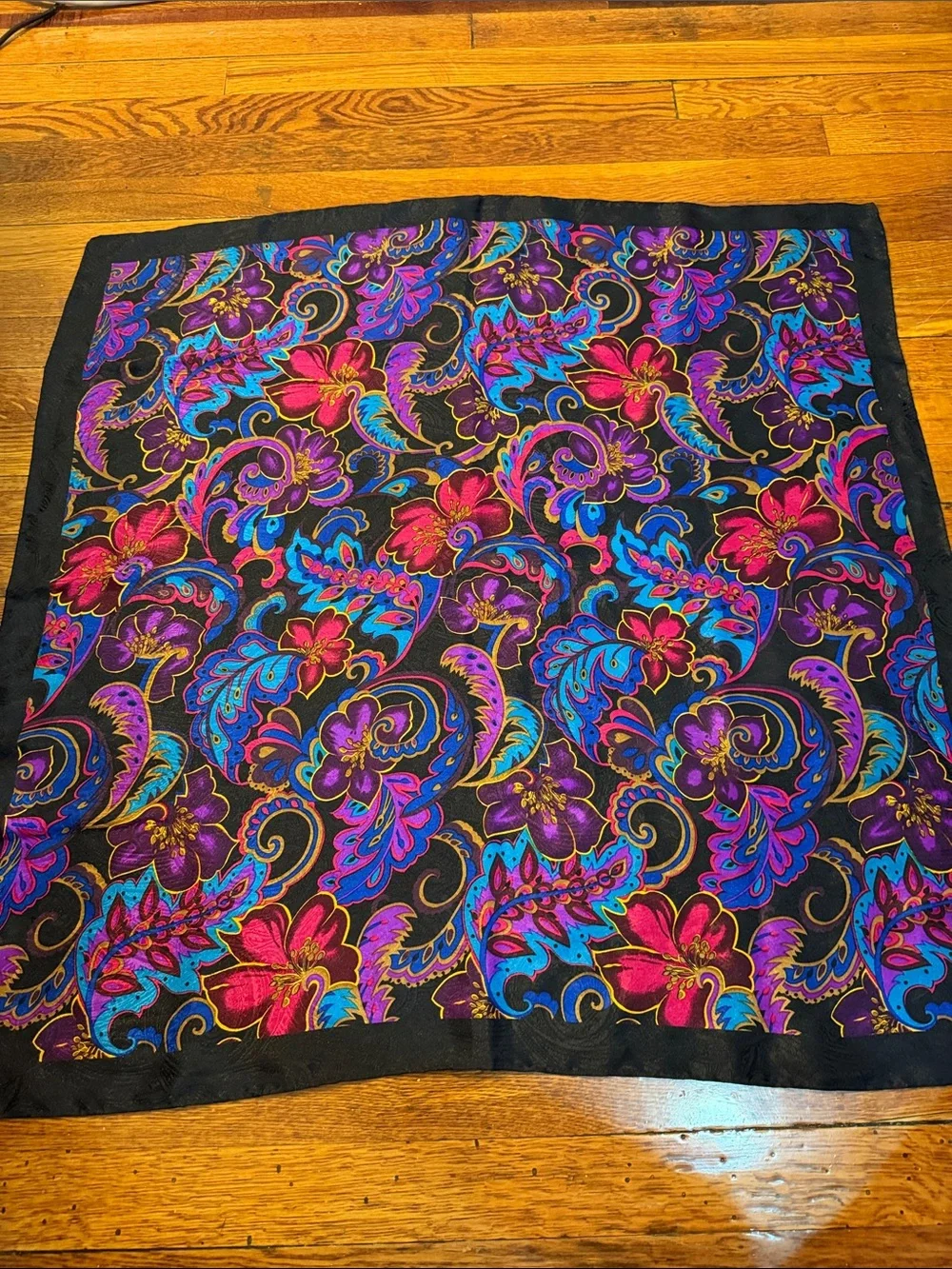 Vintage Black Scarf with Pink Purple Blue Floral Paisley